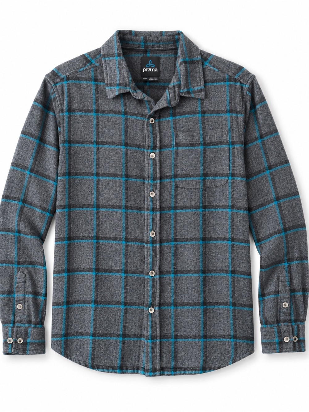 Prana medium men’s soft cotton plaid dark grey blue button down casual warm